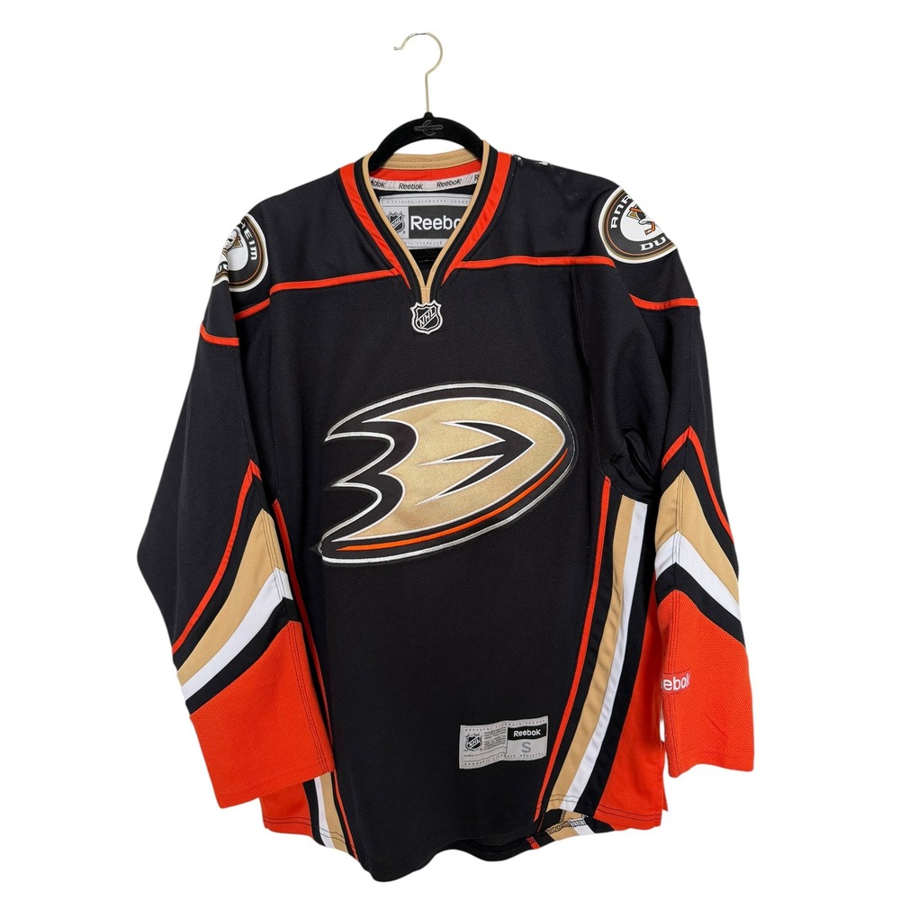 Reebok Anaheim Ducks NHL Hockey Jersey Mens Small Black Orange Mesh Fanwear